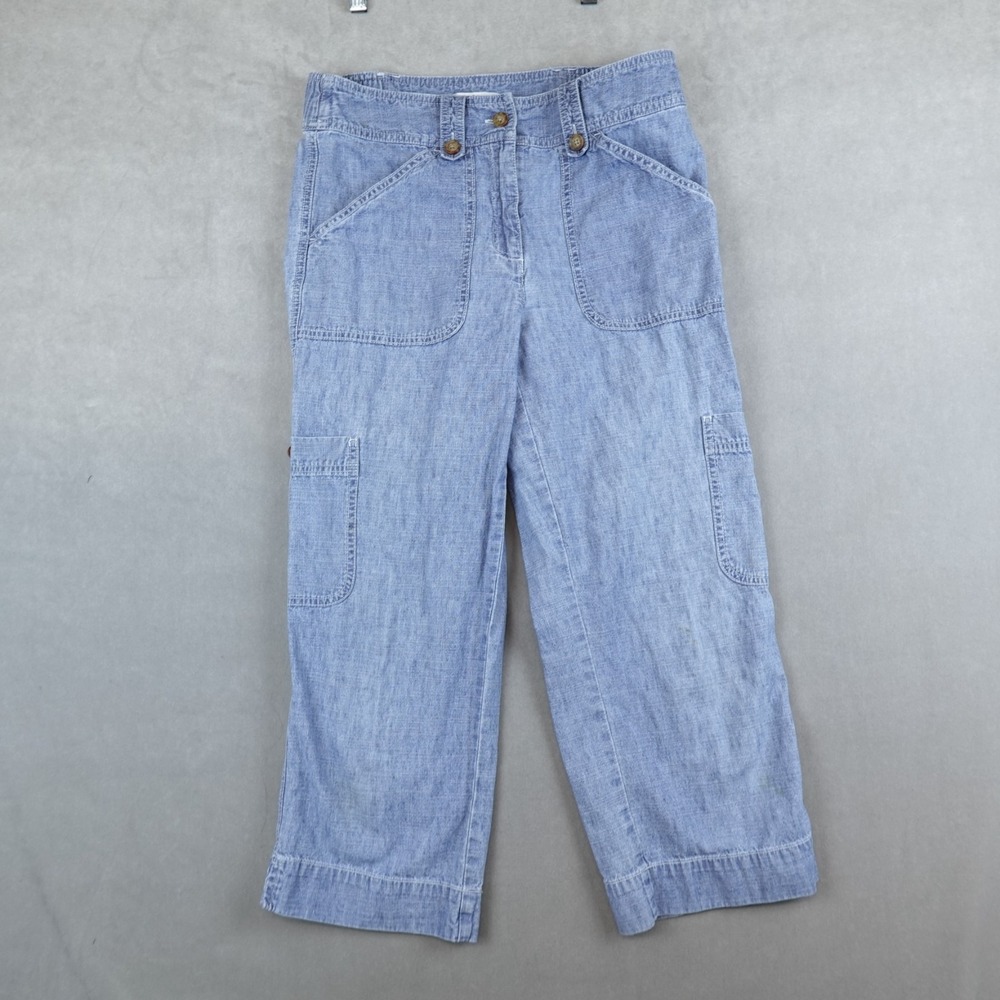 Orvis Pants Cropped Blue Cargo Womens Size 6 Denim Pockets 30x22